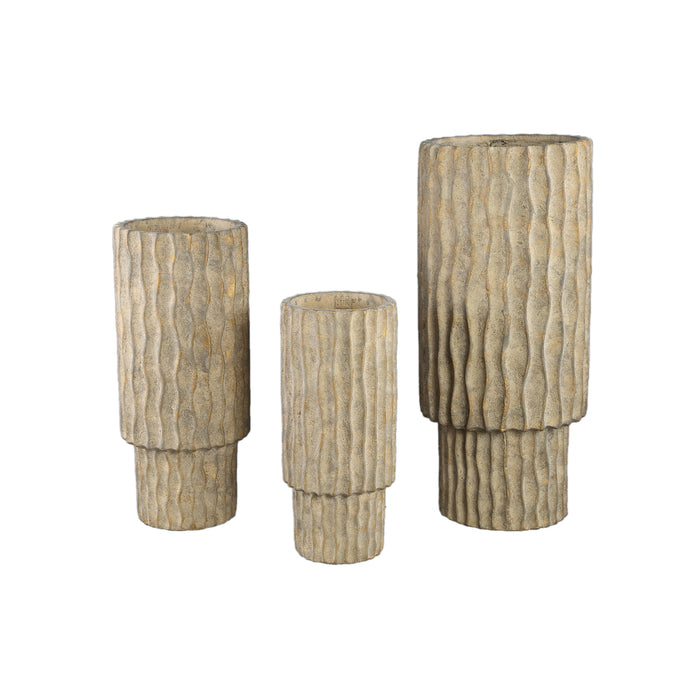 PTMD Mitty Brown cement pot wavy ribs round high S