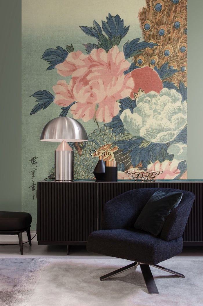 Origin Wallcoverings fotobehang pauw en pioenrozen oudroze, groen en b