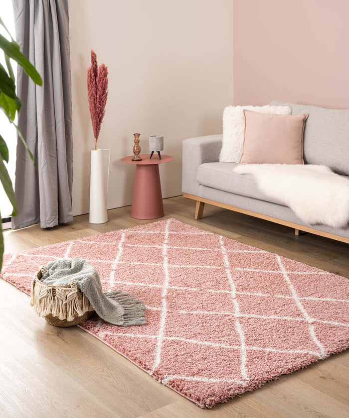 Boho&me Hoogpolig vloerkleed ruiten Artisan - roze|wit - 240x340 cm