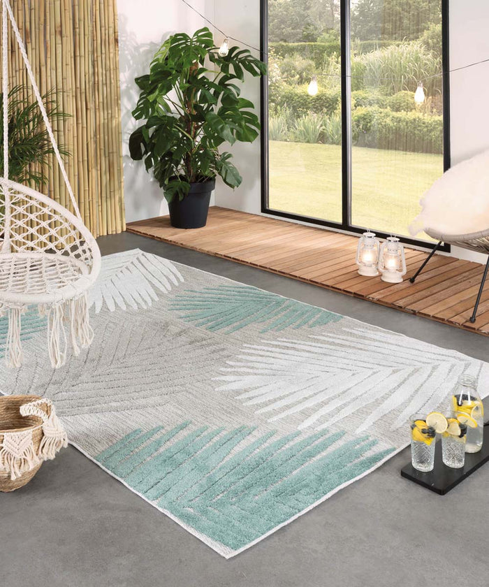Boho&me Buitenkleed palmbladeren - Verano grijs|mint - 140x200 cm