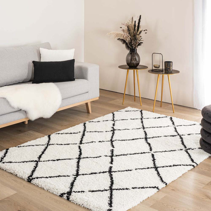 Boho&me Hoogpolige loper ruiten Artisan - wit|zwart - 80x200 cm