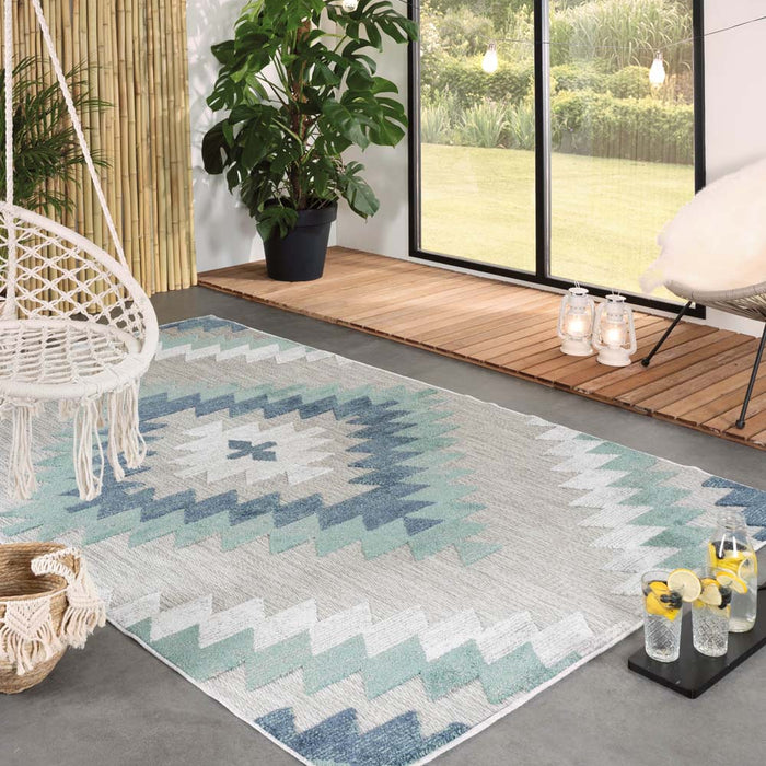Boho&me Buitenkleed ruit aztek - Verano grijs|mint - 140x200 cm
