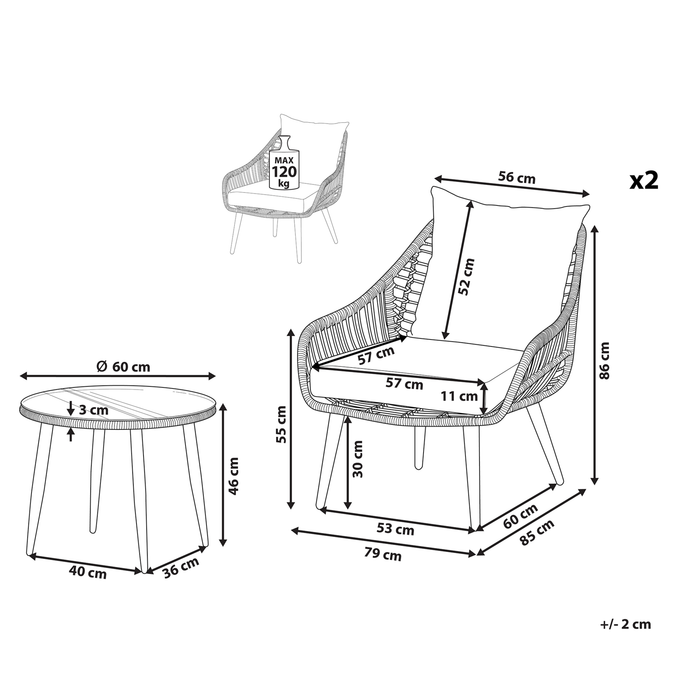 Beliani - LAURETO - Bistroset voor 2 - Natuurlijk - PE rotan