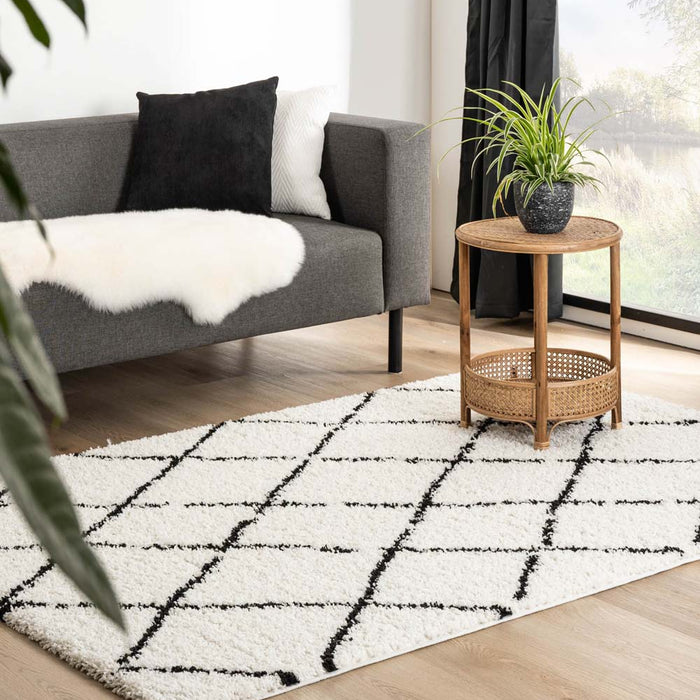 Boho&me Hoogpolig vloerkleed ruiten Habitat - wit|zwart - 100x200 cm