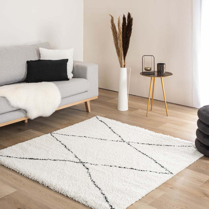 Boho&me Vierkant hoogpolig vloerkleed ruit Artisan - wit|zwart -