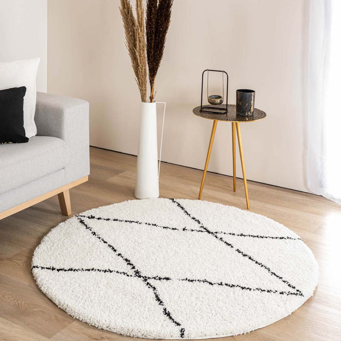 Boho&me Rond hoogpolig vloerkleed ruit Artisan - wit|zwart - 80 cm