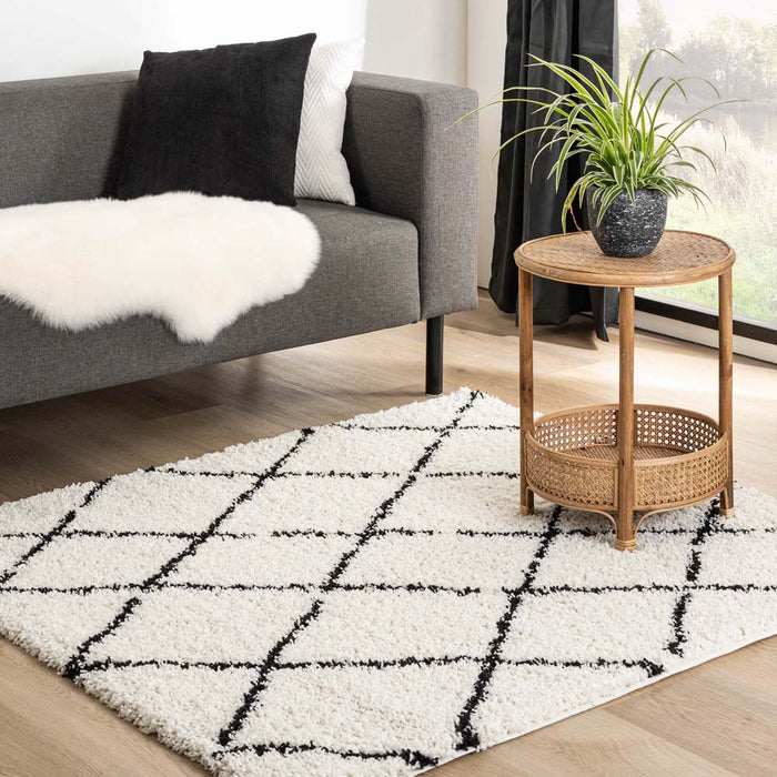 Boho&me Vierkant hoogpolig vloerkleed ruiten Habitat - wit|zwart -