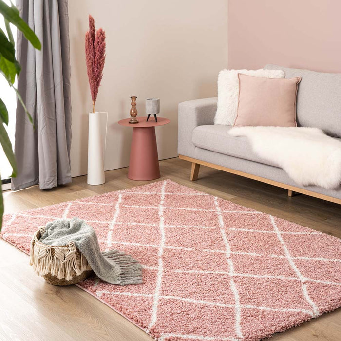 Boho&me Hoogpolig vloerkleed ruiten Artisan - roze|wit - 300x400 cm