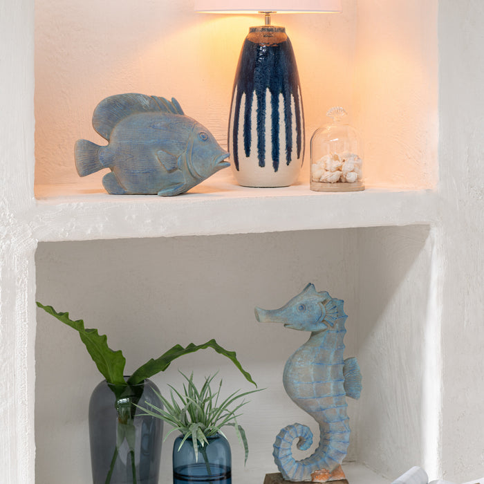 J-Line kaarshouder Zee - glas - blauw|wit - 2 stuks