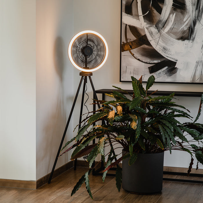 QAZQA Vloerventilator tripod zwart incl. LED 3-staps dimbaar - Meric