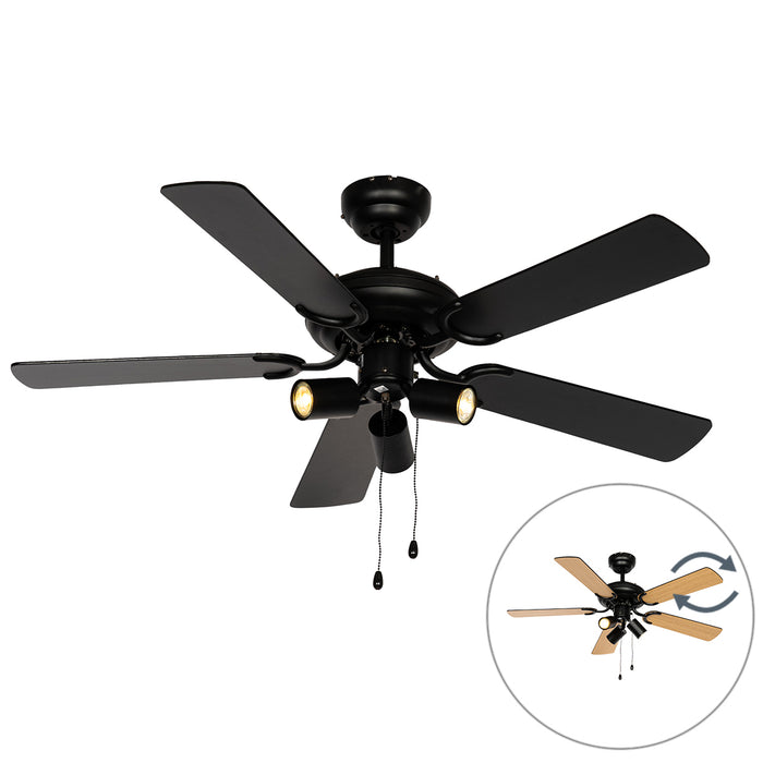 QAZQA Plafondventilator zwart met hout en trekschakelaar 3-lichts -