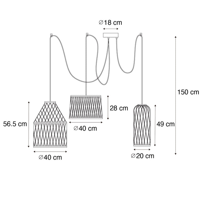 QAZQA Landelijke buiten hanglamp zwart rotan 3-lichts - Calamus