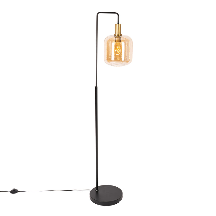 QAZQA Design vloerlamp zwart met messing en amber glas - Zuzanna
