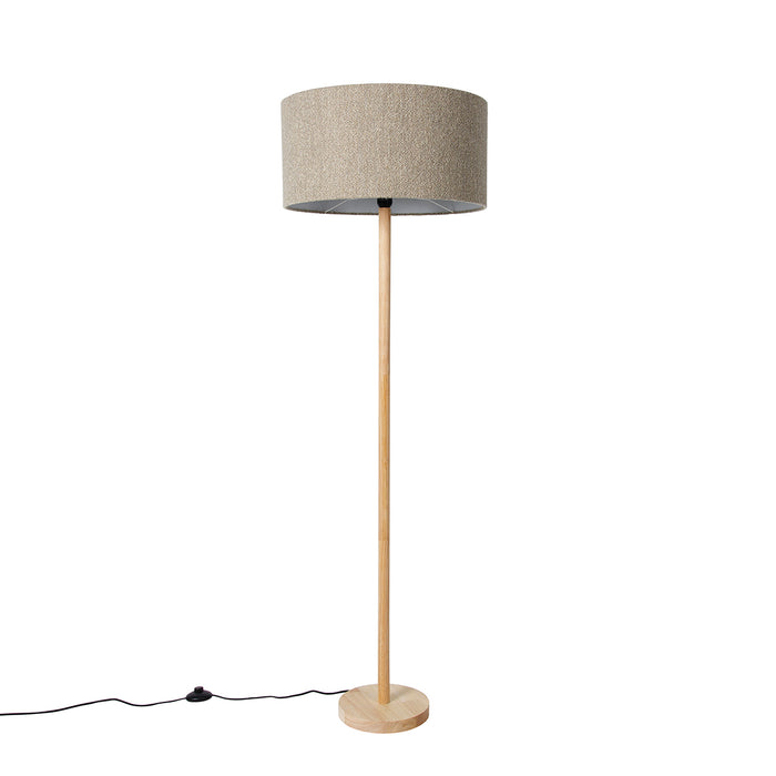 QAZQA Landelijke vloerlamp hout met boucle kap taupe - Mels