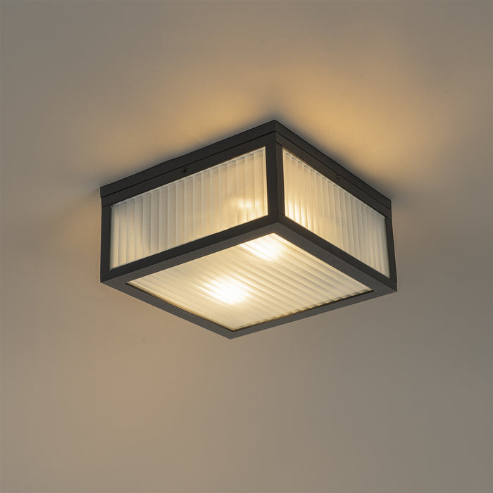 QAZQA Buiten plafondlamp zwart met ribbel glas 2-lichts IP44 -