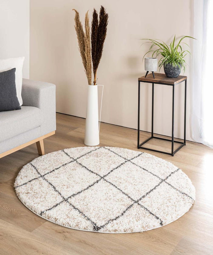 Boho&me Rond hoogpolig vloerkleed geruit Artisan - wit|grijs - 240 cm