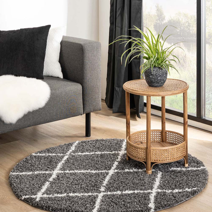 Boho&me Rond hoogpolig vloerkleed ruiten Habitat - grijs|wit - 300 cm