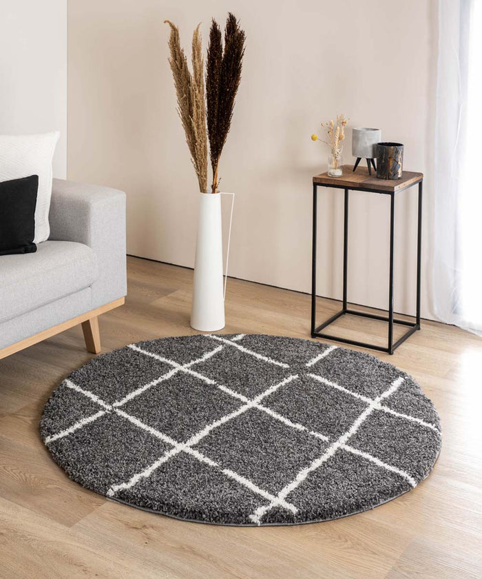 Boho&me Rond hoogpolig vloerkleed ruiten Artisan - grijs|wit - 160 cm