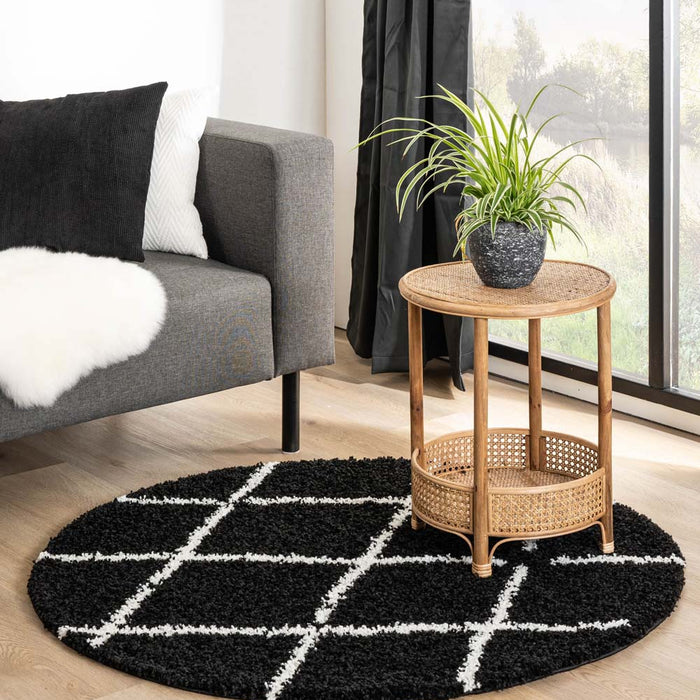 Boho&me Rond hoogpolig vloerkleed ruiten Habitat - zwart|wit - 240 cm