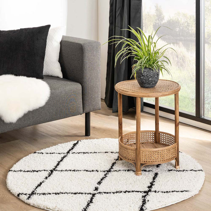 Boho&me Rond hoogpolig vloerkleed ruiten Habitat - wit|zwart - 80 cm