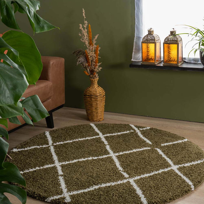 Boho&me Rond hoogpolig vloerkleed ruiten Artisan - olijfgroen|wit -