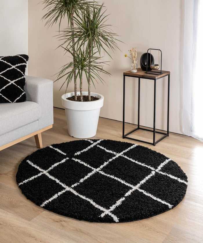 Boho&me Rond hoogpolig vloerkleed ruiten Artisan - zwart|wit - 200 cm