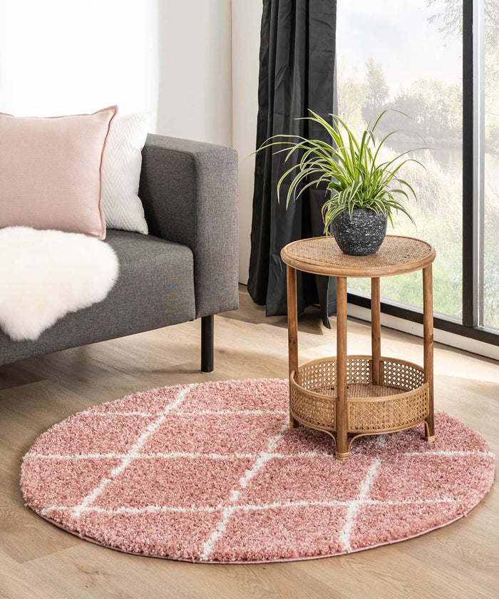 Boho&me Rond hoogpolig vloerkleed ruiten Habitat - roze|wit - 80 cm