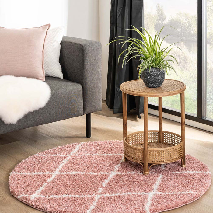 Boho&me Rond hoogpolig vloerkleed ruiten Habitat - roze|wit - 300 cm