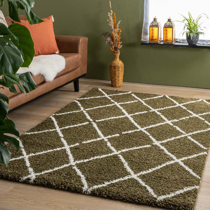 Boho&me Hoogpolig vloerkleed ruiten Artisan - olijfgroen|wit - 200x300