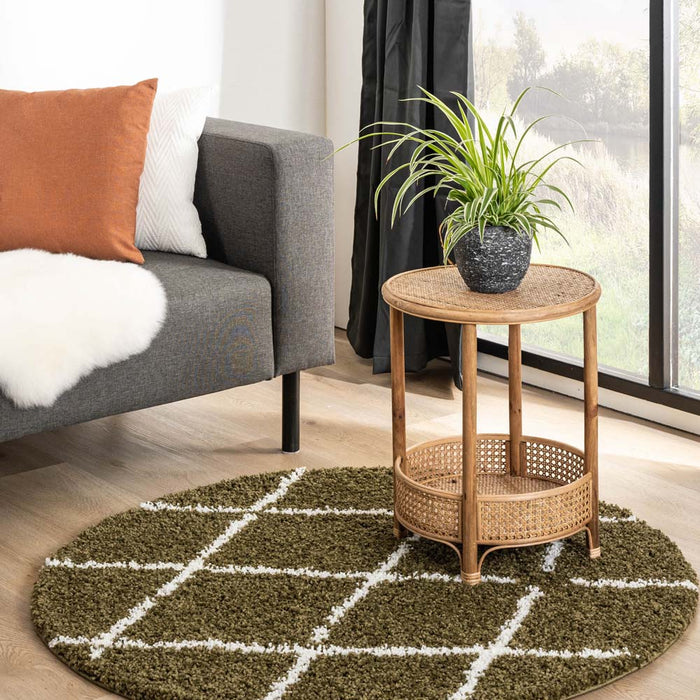 Boho&me Rond hoogpolig vloerkleed ruiten Habitat - olijfgroen|wit -