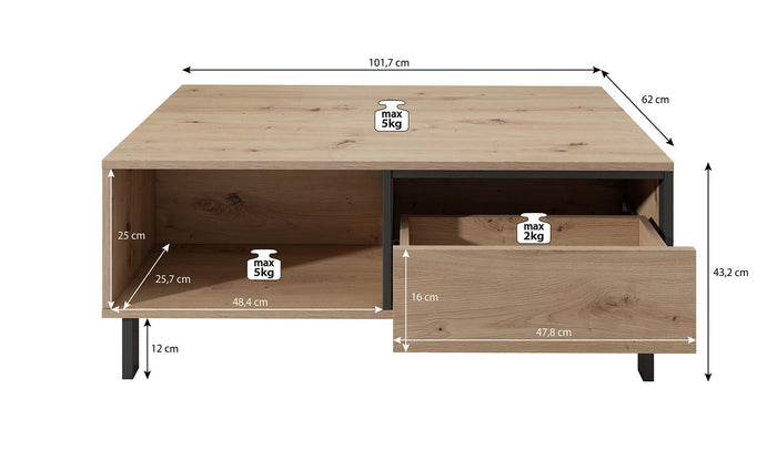 Meubella Salontafel Newby - Eiken - Antraciet - 102 cm