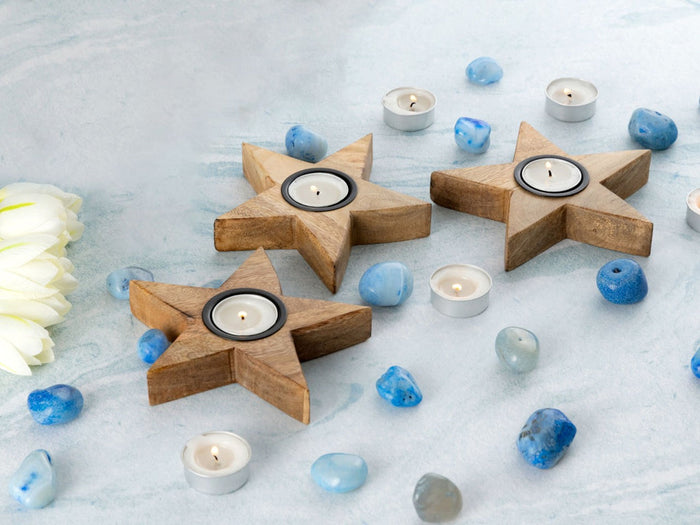 SVJ Windlicht - 15x15x3 cm - Hout - Naturel - Set van 3