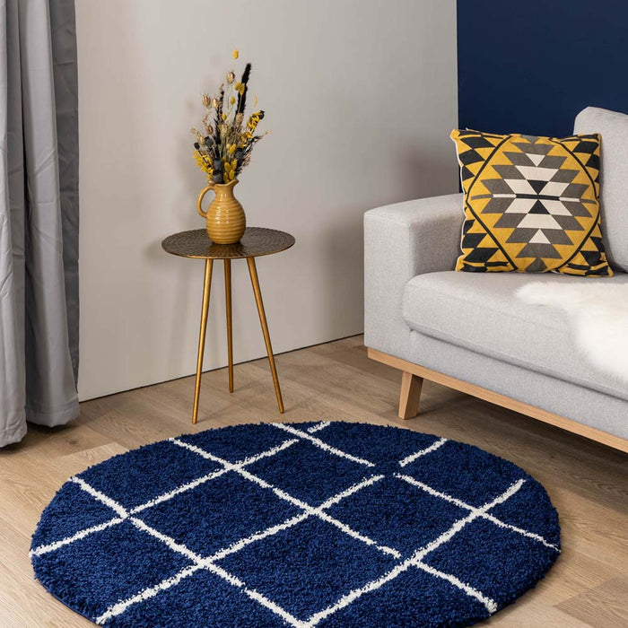 Boho&me Rond hoogpolig vloerkleed ruiten Artisan - marineblauw|wit -