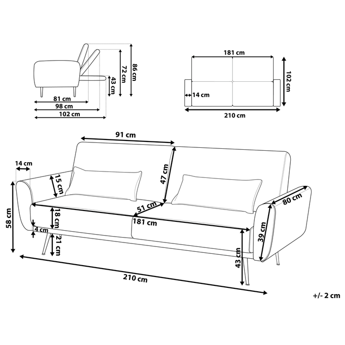 Beliani - EINA - Slaapbank 3-zits - Marineblauw - Fluweel
