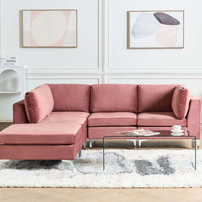 Beliani-EVJA-Hoekbank met ottomaan 4-zits-Roze-Rechterzijde-Fluweel