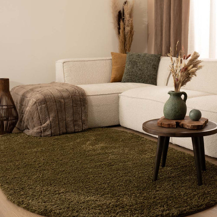 Tapeso Ovaal hoogpolig vloerkleed shaggy Trend effen - olijfgroen -