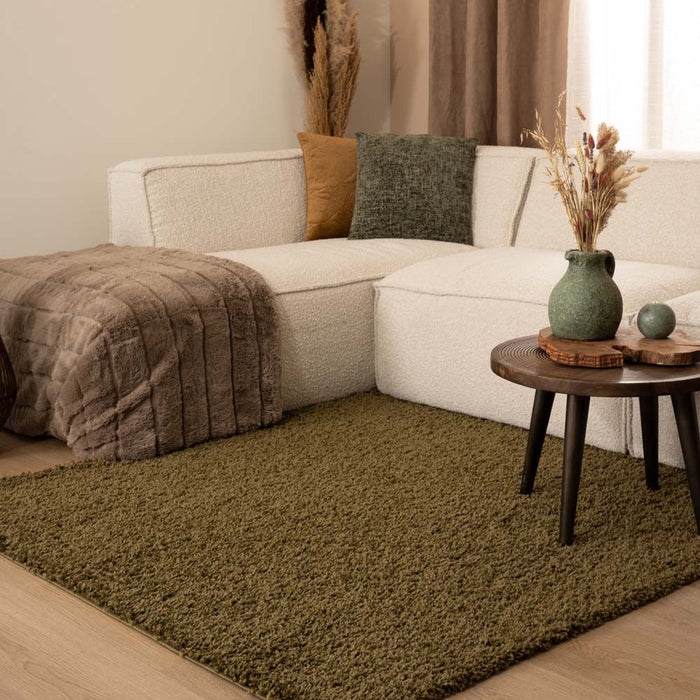 Tapeso Vierkant hoogpolig vloerkleed shaggy Trend effen - olijfgroen -