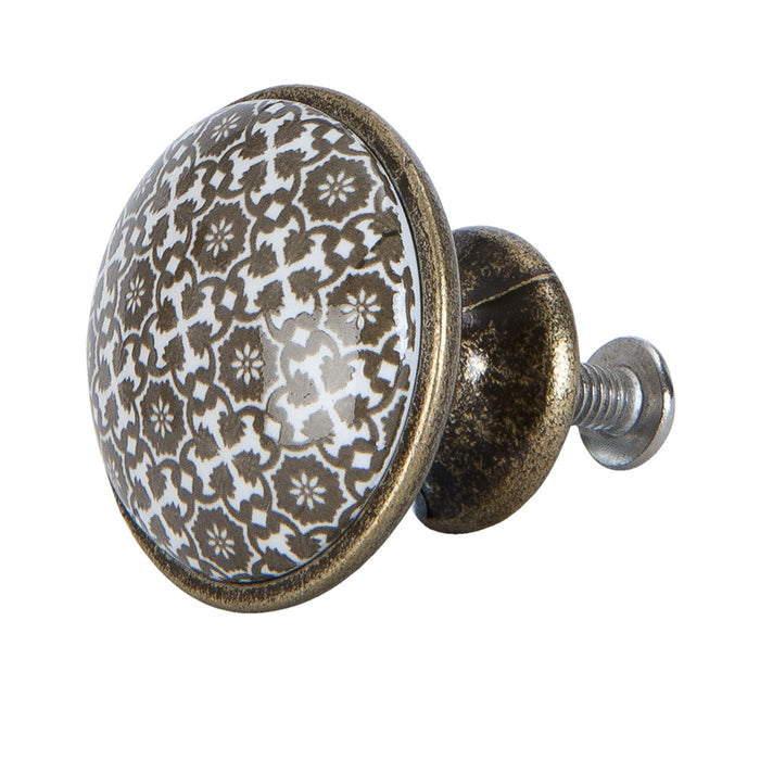 Clayre & Eef Deurknop Ø 2 cm Bruin Wit Keramiek Bloemen