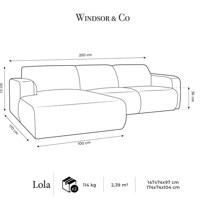 Windsor & Co Lola Hoekbank met Chaise Longue Links - Chenille - Kiezelgrijs
