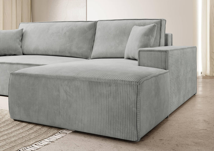 NADUVI Collection Galine Hoekbank met Chaise Longue Rechts met Slaapfunctie - Ribstof - Lichtgrijs