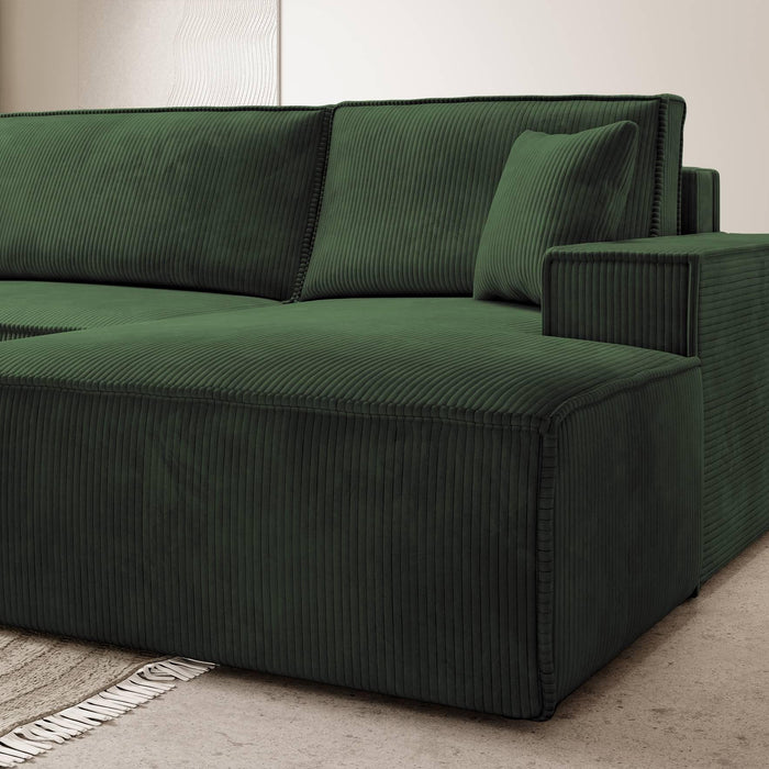 NADUVI Collection Galine Hoekbank met Chaise Longue Rechts met Slaapfunctie - Ribstof - Donkergroen