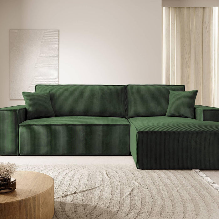 NADUVI Collection Galine Hoekbank met Chaise Longue Rechts met Slaapfunctie - Ribstof - Donkergroen