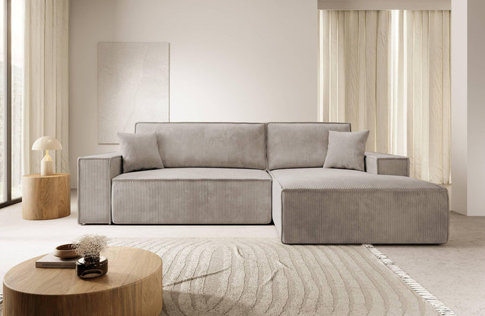 NADUVI Collection Galine Hoekbank met Chaise Longue Rechts met Slaapfunctie - Ribstof - Beige