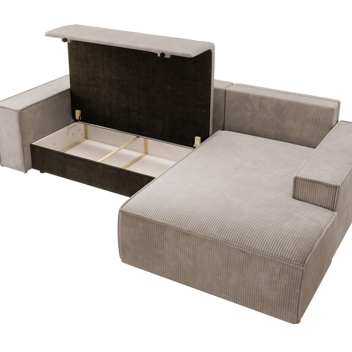 NADUVI Collection Galine Hoekbank met Chaise Longue Rechts met Slaapfunctie - Ribstof - Beige