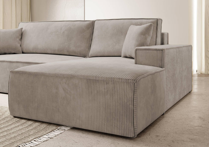 NADUVI Collection Galine Hoekbank met Chaise Longue Rechts met Slaapfunctie - Ribstof - Beige