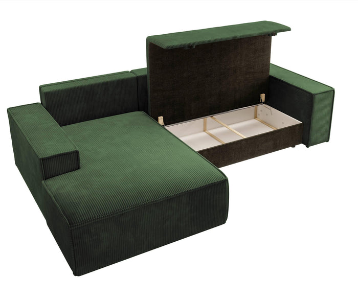 NADUVI Collection Galine Hoekbank met Chaise Longue Links met Slaapfunctie - Ribstof - Donkergroen