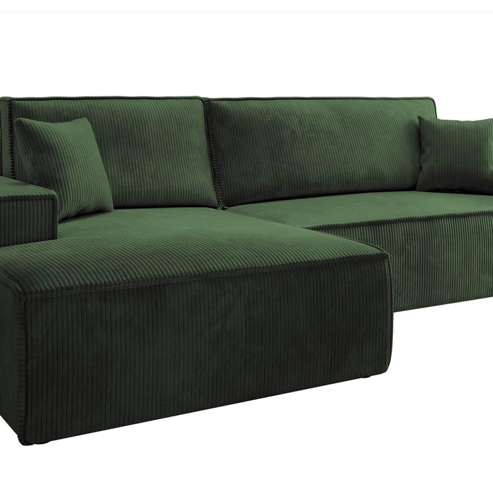 NADUVI Collection Galine Hoekbank met Chaise Longue Links met Slaapfunctie - Ribstof - Donkergroen