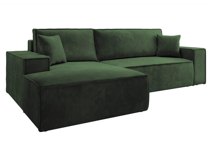 NADUVI Collection Galine Hoekbank met Chaise Longue Links met Slaapfunctie - Ribstof - Donkergroen