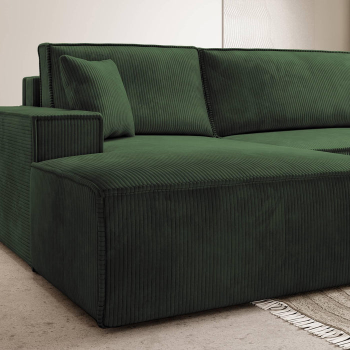 NADUVI Collection Galine Hoekbank met Chaise Longue Links met Slaapfunctie - Ribstof - Donkergroen