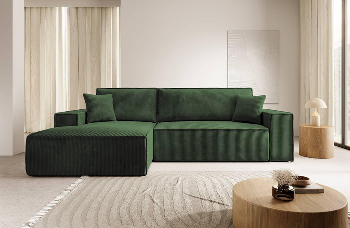 NADUVI Collection Galine Hoekbank met Chaise Longue Links met Slaapfunctie - Ribstof - Donkergroen